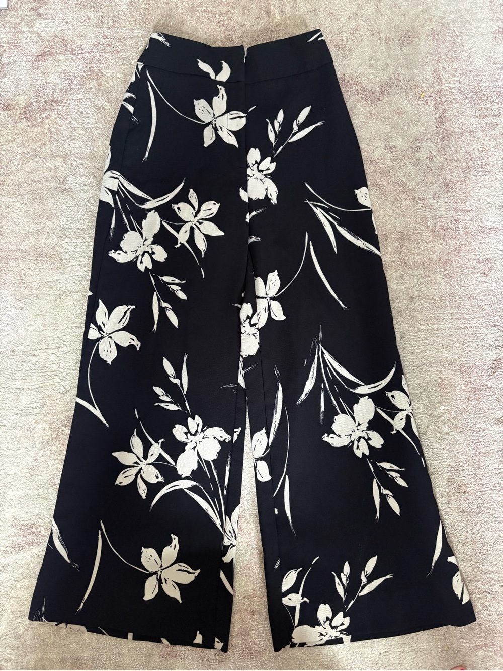 Cue Australia Black Wide Leg Floral Flare Pants with White Print